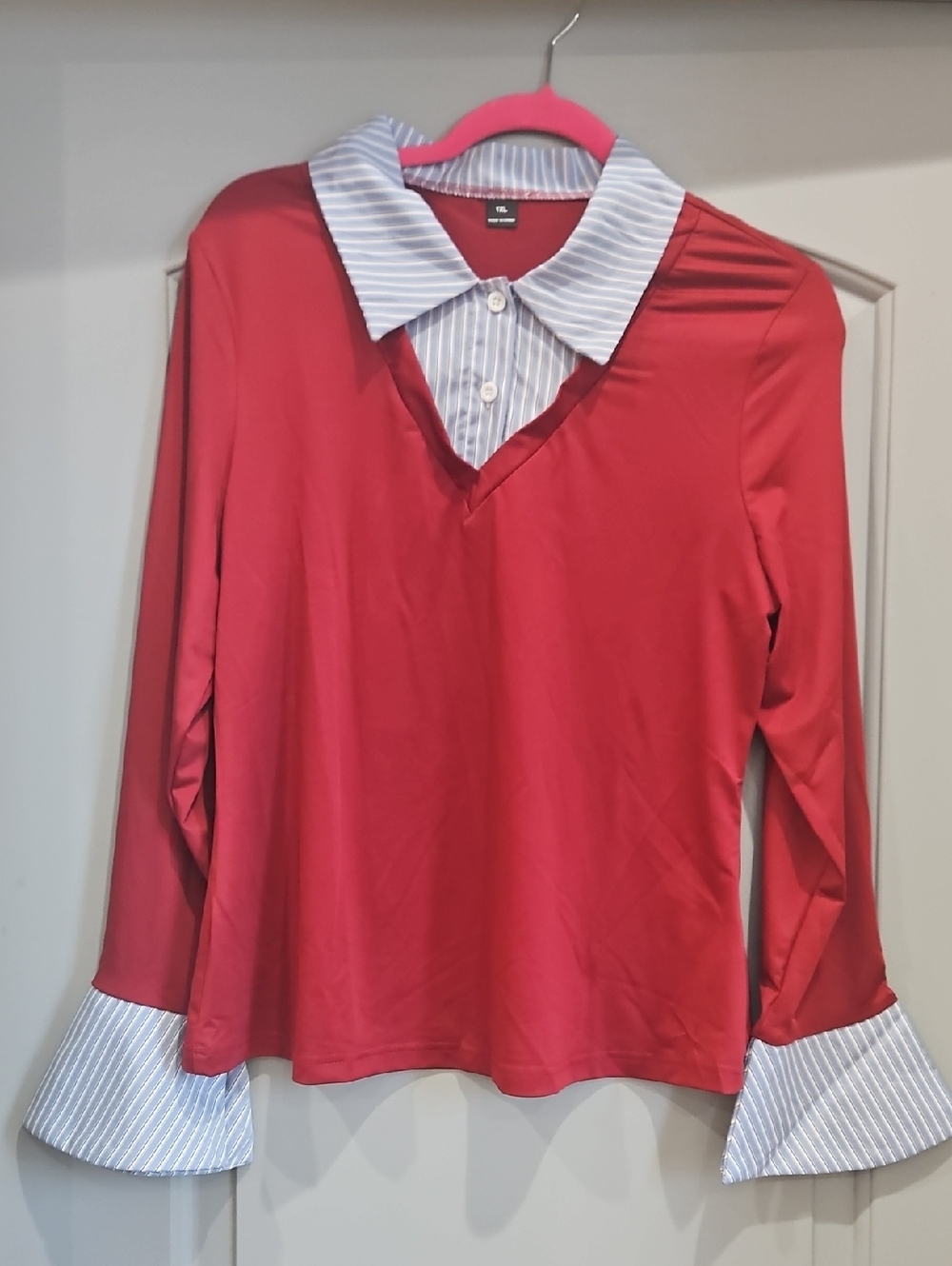 Red V-Neck Top with Striped Collar and Cuffs